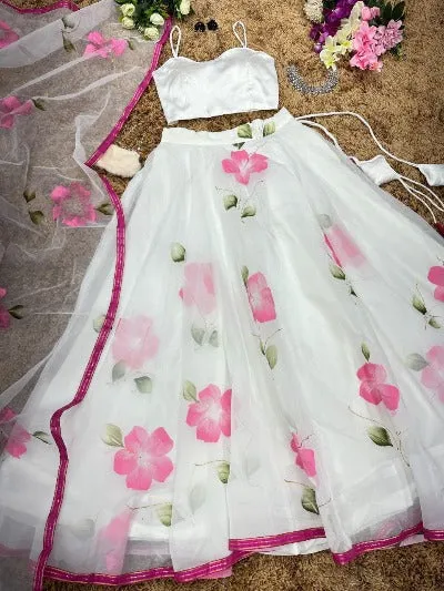 White With Pink Floral Print Satin Silk Lehenga Set