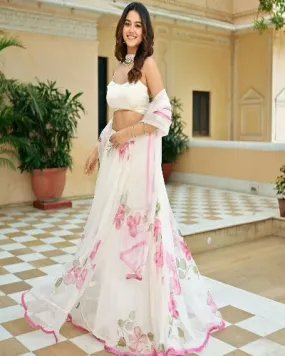 White With Pink Floral Print Satin Silk Lehenga Set