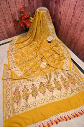 Yellow Color Tussar Georgette Banarasi Saree with Allover Jaal Meenakari Work