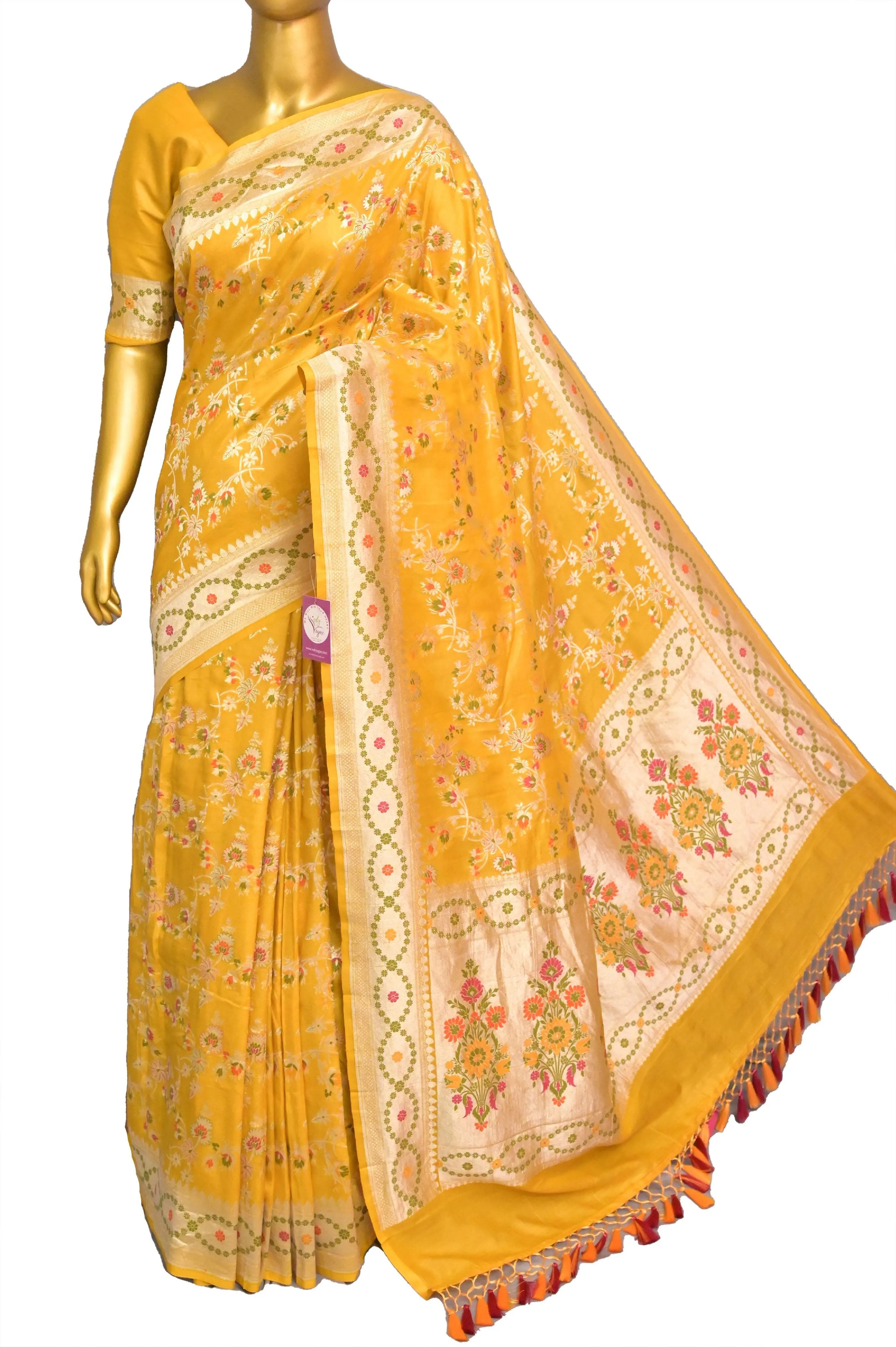 Yellow Color Tussar Georgette Banarasi Saree with Allover Jaal Meenakari Work